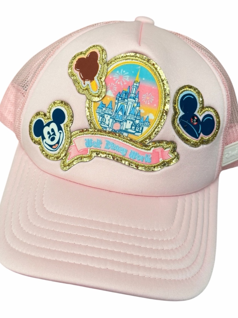 Disney Pink Castle Patch Trucker Cap with Gold Trim